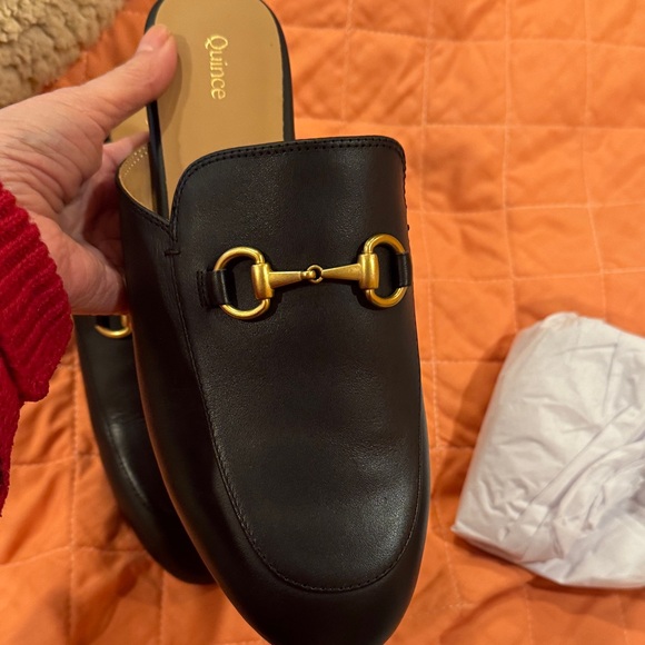Quince Black Leather Mules with Gold Accents - Picture 8 of 9